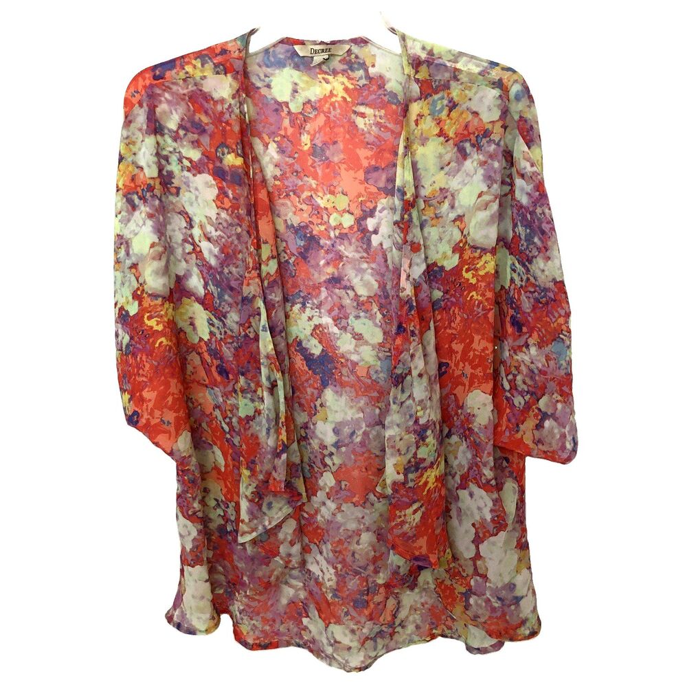 Decree Sheer Floral Kimono Medium Watercolor Chiffon Boho Festival Cover Up